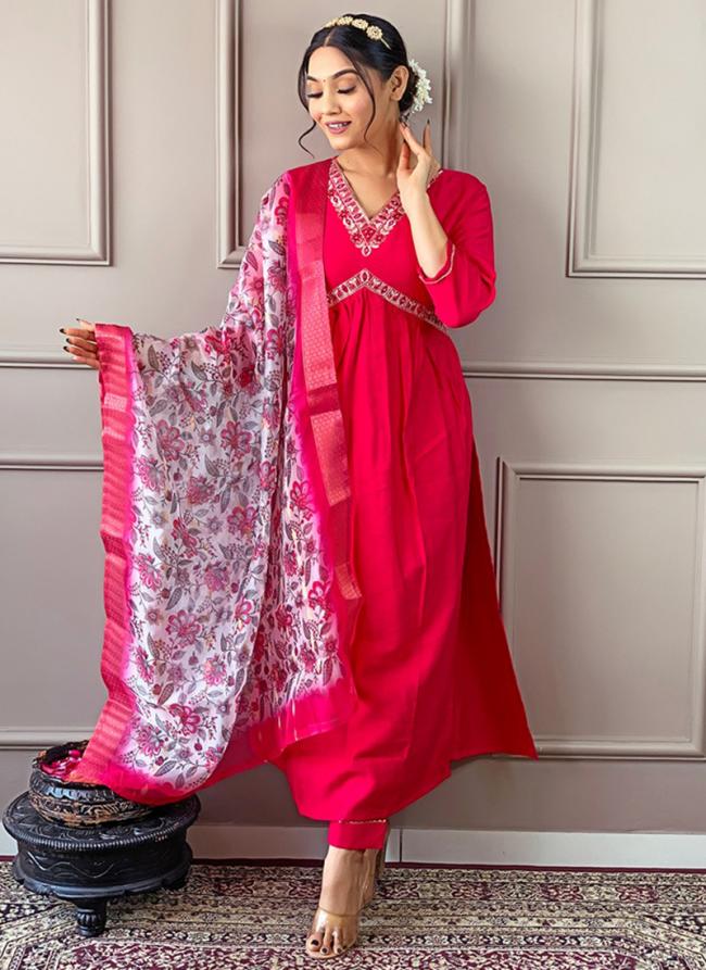 Viscose Chanderi Hot Pink Festival Wear Embroidery Work Readymade Straight Suit